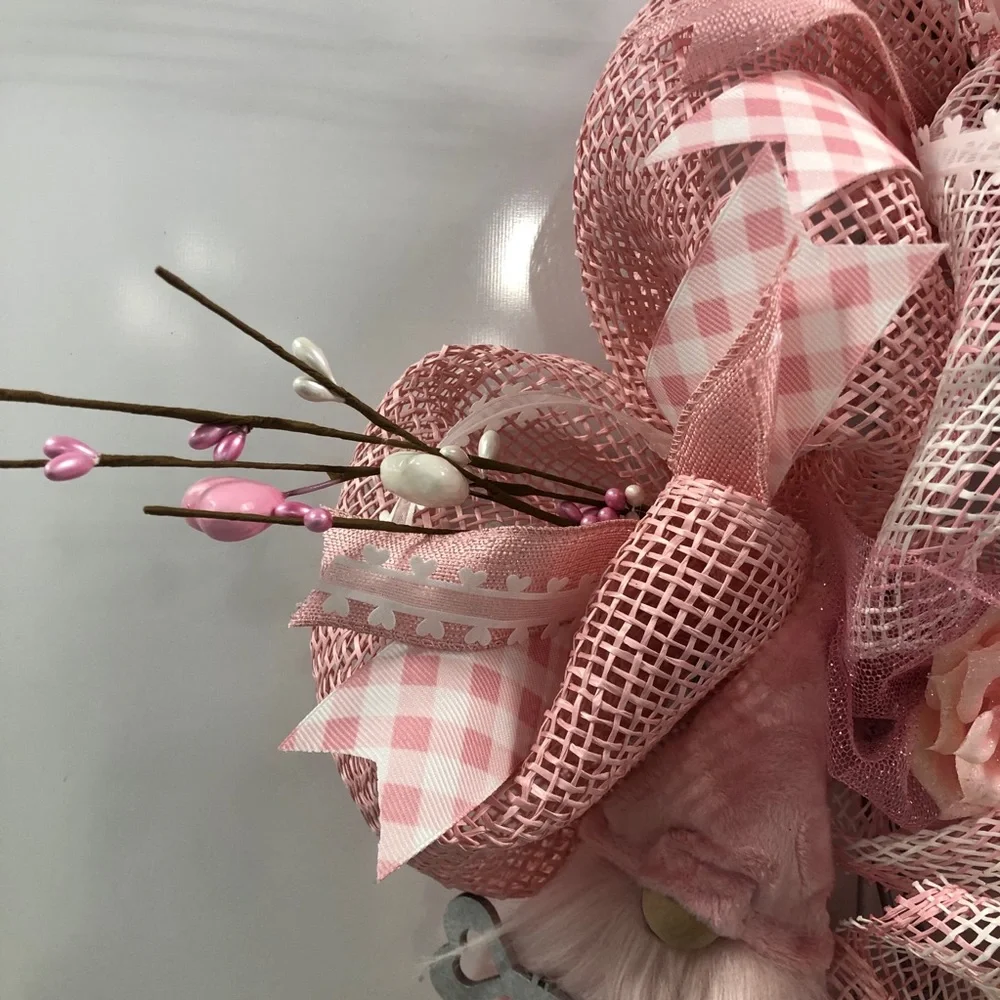 Gnome Wreath Valentines Love is the Key to Happiness Hearts Roses Ribbons